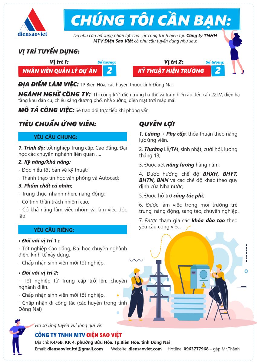 tuyển dụng tháng 5 - cty Điện Sao Việt